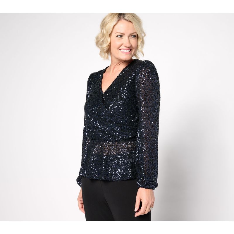 Susan Graver Women's Top Plus Sz 3x Occasions Sequin Faux Wrap Blue A672467